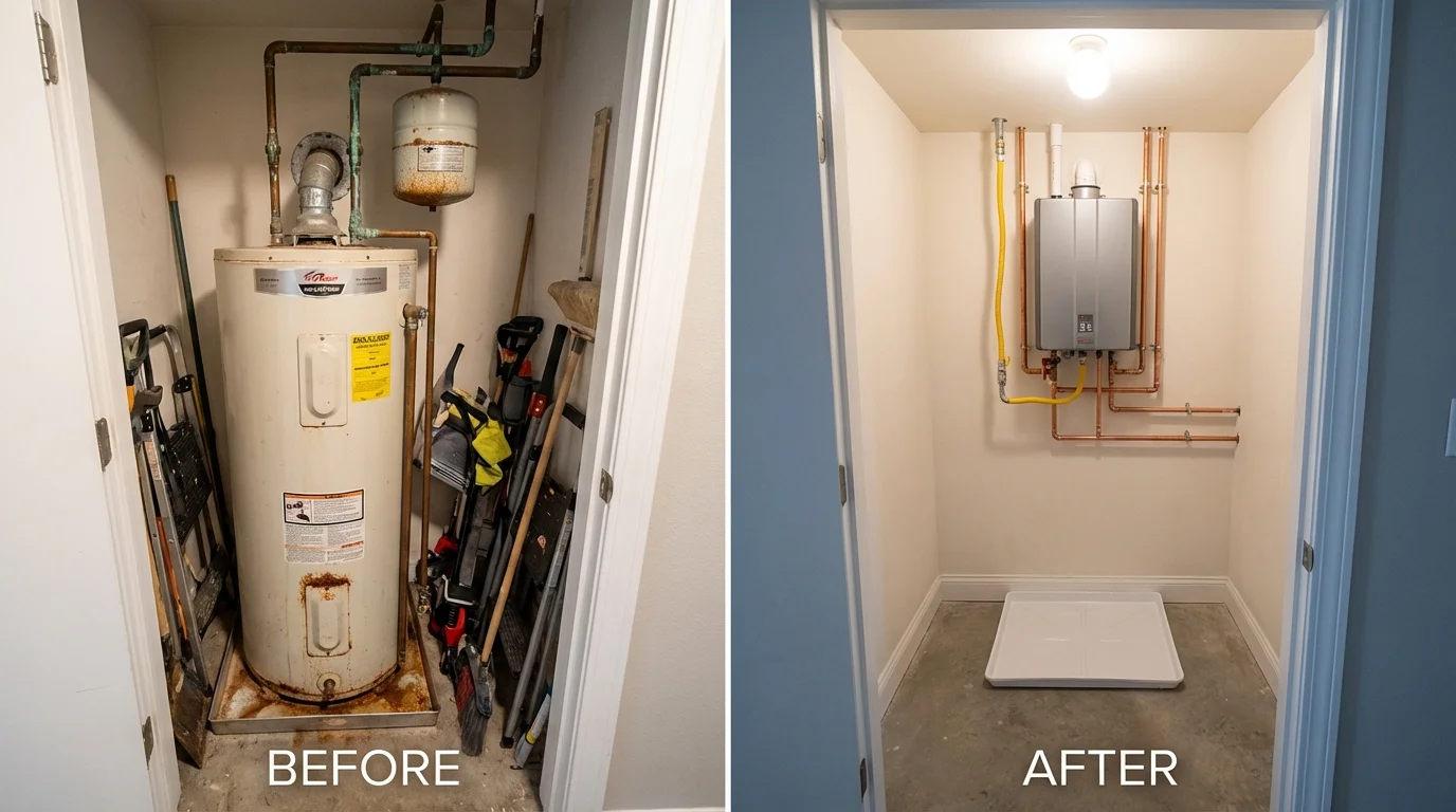 Tank water heater versus wall-mounted tankless unit comparison for San Lorenzo, CA homeowners