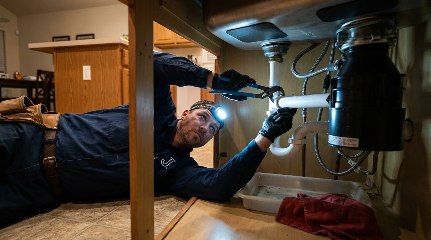P-trap and supply line connections under a kitchen sink showing a common leak point in San Lorenzo, CA